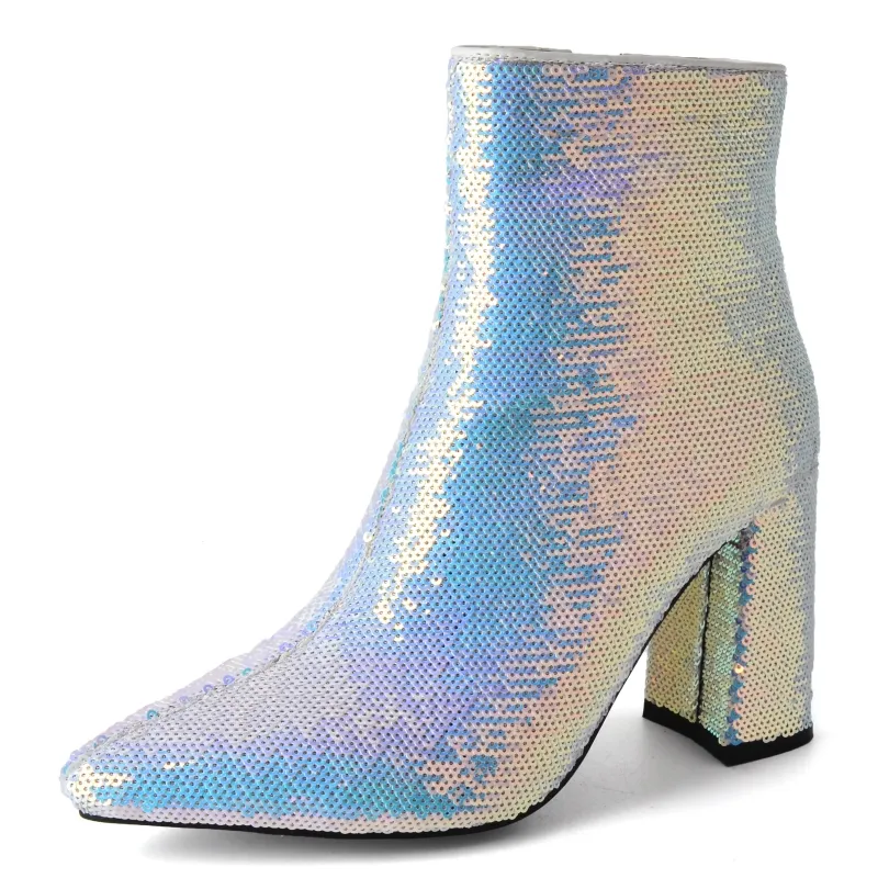 Glitter Ankle Boots For Women: Sexy Pointed Toe High Heel Sequined