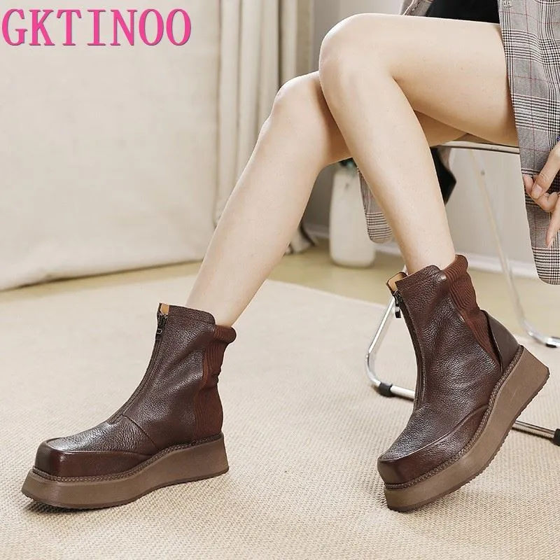 Genuine Leather Ankle Boots Women's Platform Wedge Booties, Ethnic  Moccasin Style, Comfortable Autumn Spring Chunky Heel Shoes