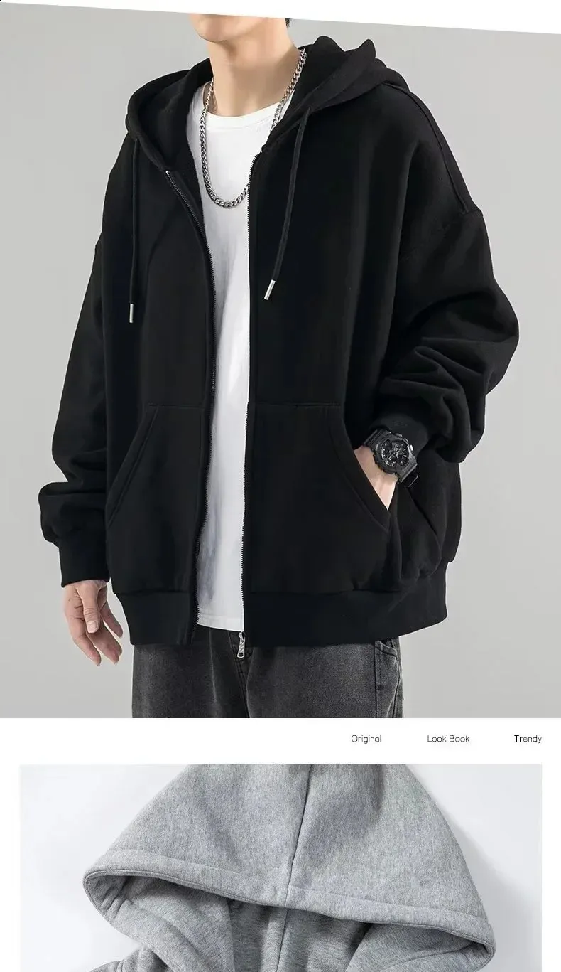 High Street Hoodie Men Retro Zip Up Long Sleeve Loose Jacket