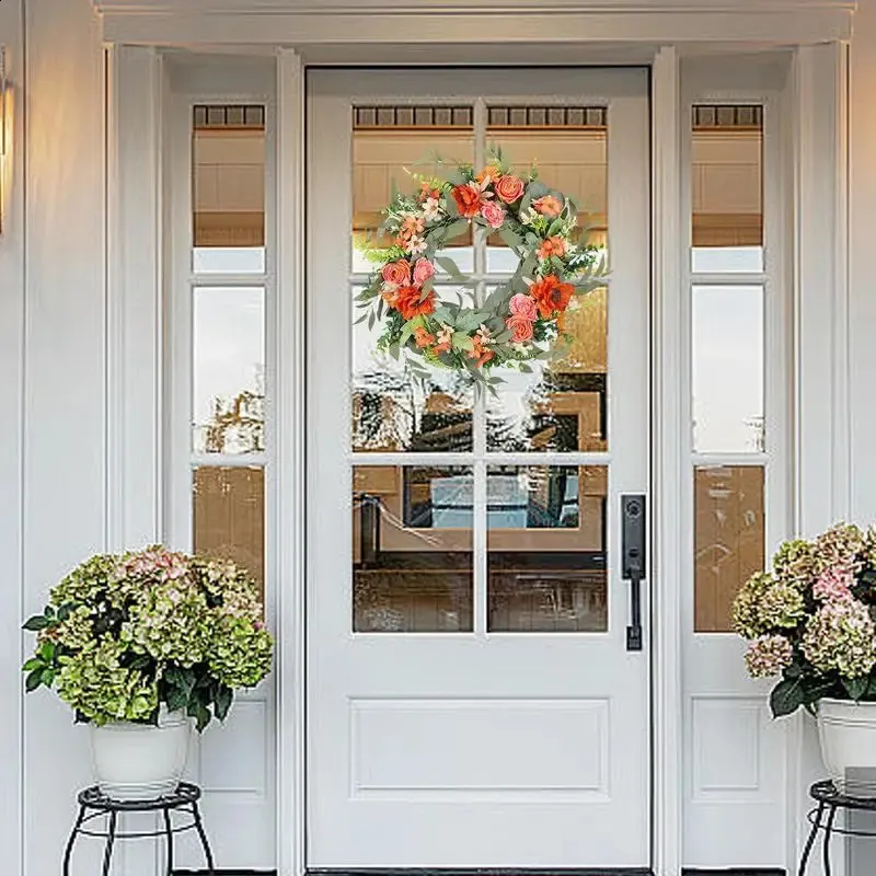 Blumen-Türkranz, Herbst-Ernte-Haustürkranz mit rosa und orangefarbenen Blumen – 50,8 cm große Herbst-Erntedank-Türdekoration für Bauernhaus-Zuhause