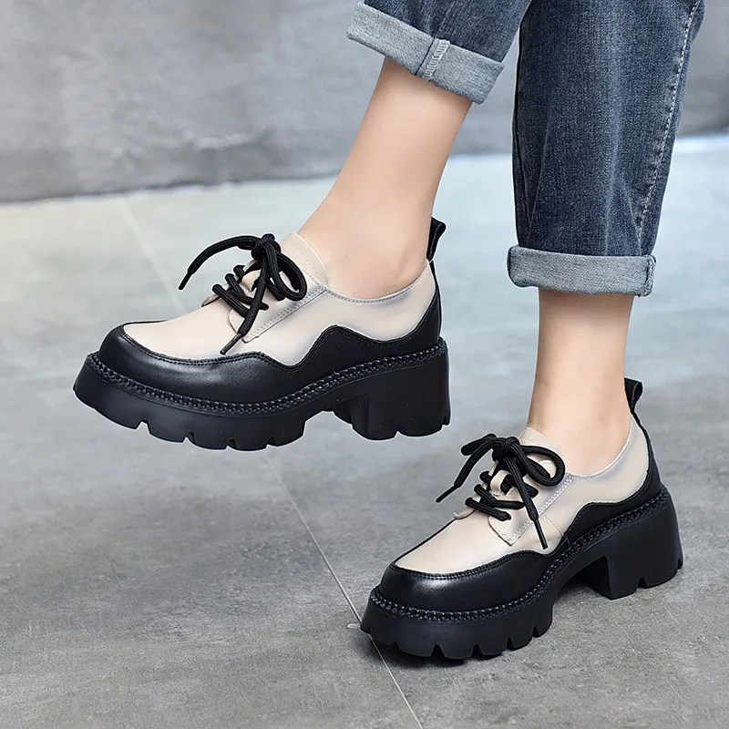 Comfortable Leather Pumps: Womens Mixed Color Shoes, Spring Lace - Main Image