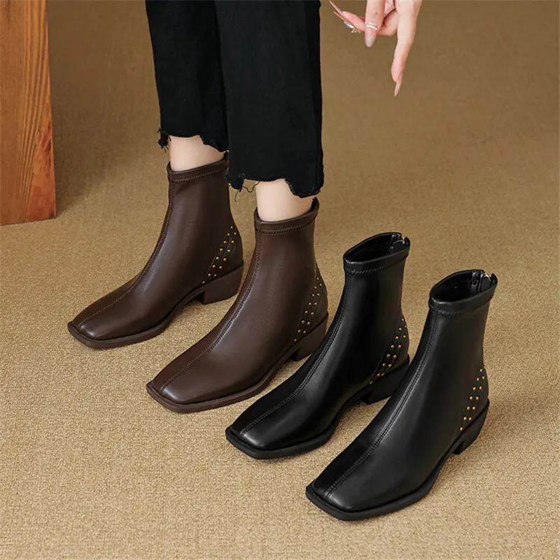 Rivet Boots: Fashionable Women's Short Square Toe Boots In Sleek Black ...