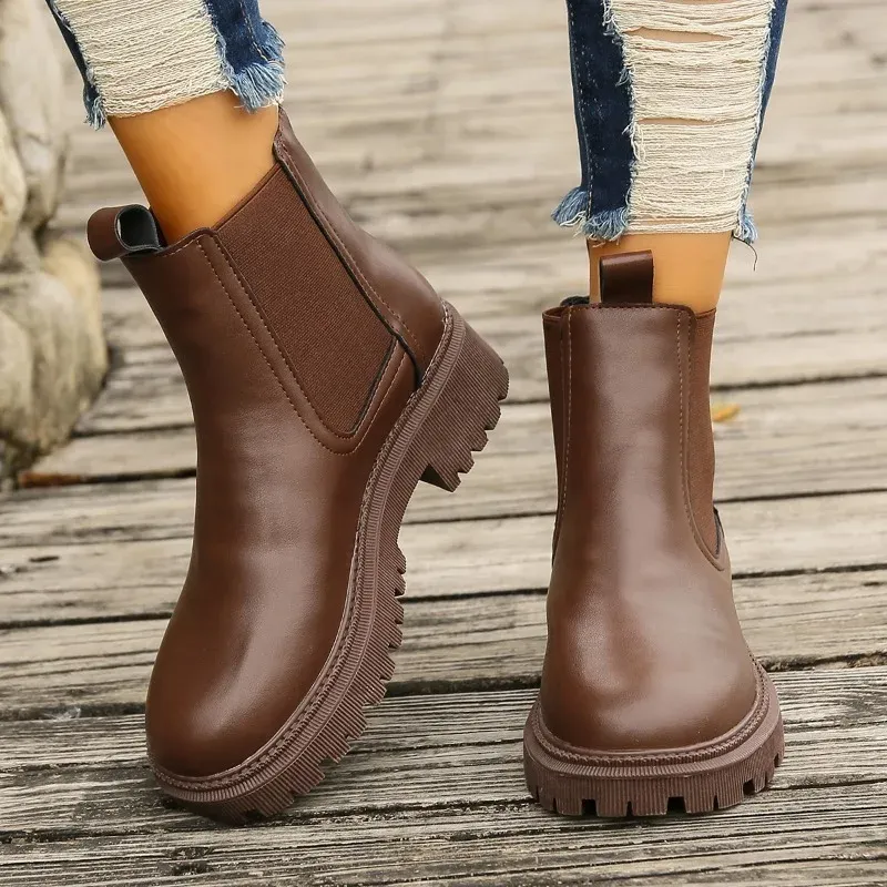Bottes De Chelsea Pour Femmes: 2024 Fashion Pu Leather Round Toe