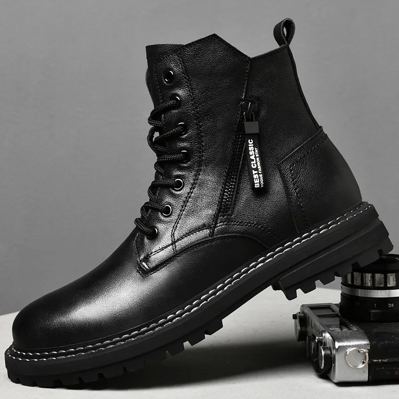 Mens Motorcycle Boots Genuine Leather Winter High Top Sewing Shoes