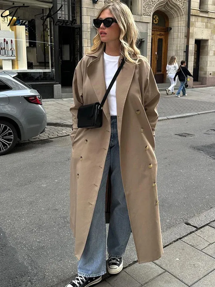 Double Breasted Long Trench Coat For Women Elegant Lapel Double Breasted Long Trench Coat For Women Elegant Lapel