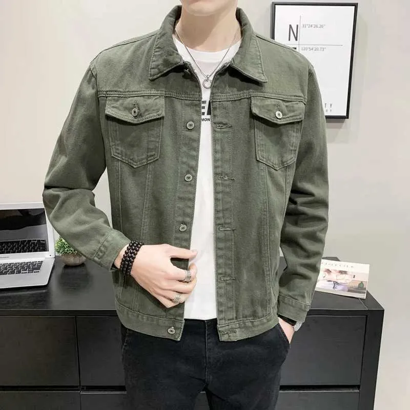 Mens Slim Fit Denim Green Denim Jacket Spring Autumn Collection In Army Green And Red From Paris 013 9.1 DHgate.Com