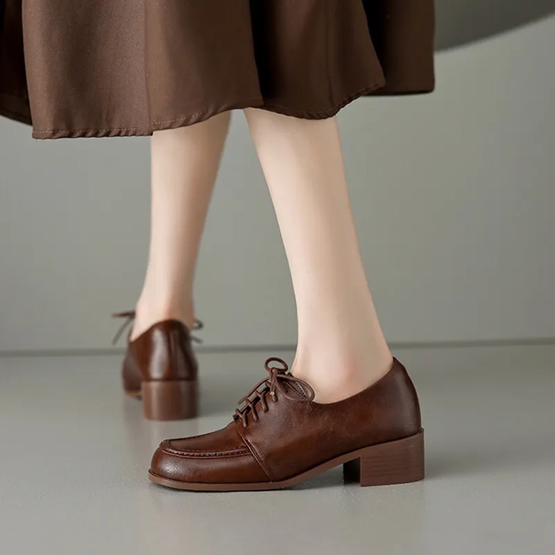 Wholesale Chunky Heels For Women: Split Leather Loafers With Round