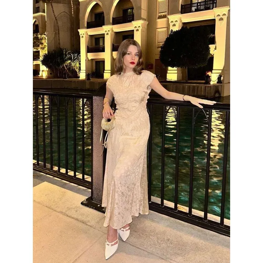 Women's Jacquard Satin Maxi Dress Elegant Round Neck, Short Sleeve, Party  Evening Gown