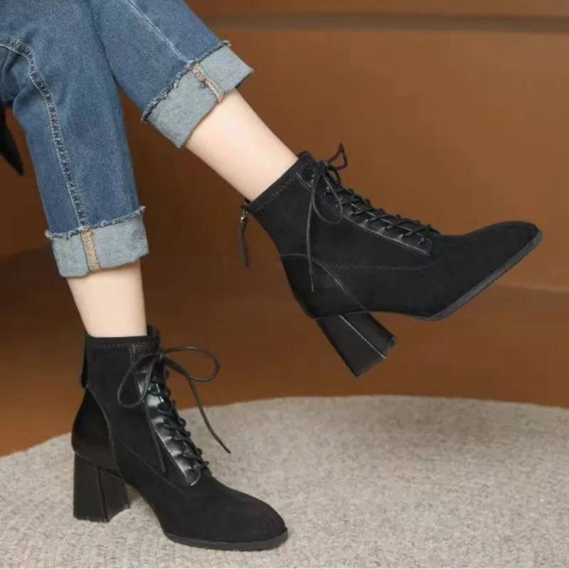 Suede Lace Up Faux Suede High Heel Booties Womens Black Lace Up