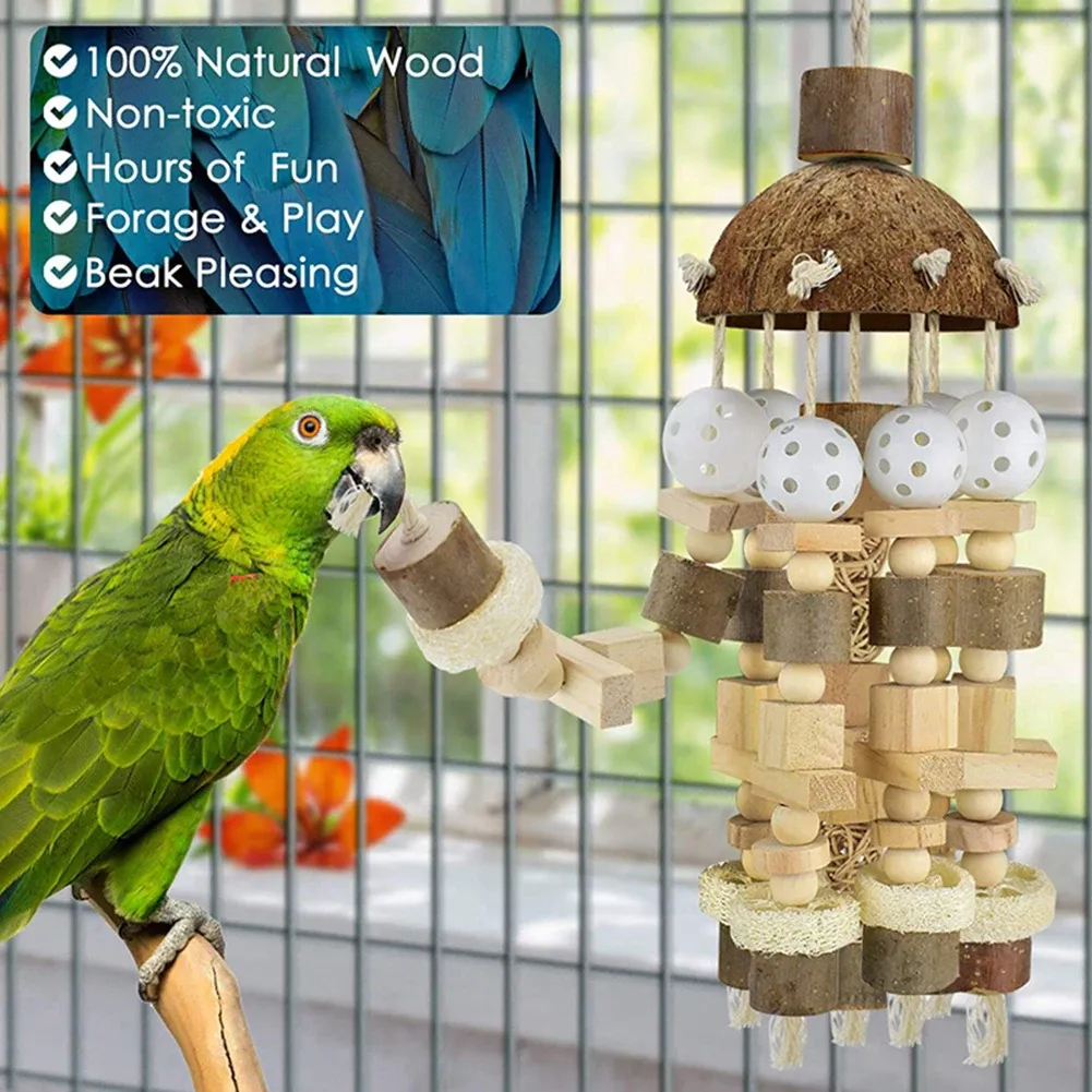 Neeenn Large Natural Wood Bird Chewing Toy - 18 Inch Parrot Toy For Macaws, African Greys, Cockatiels