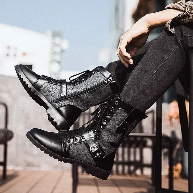 anuke アンヌーク　Round Leather Boots Mens Motorcycle Punk Boots - Leather Street Boots, Side Zip