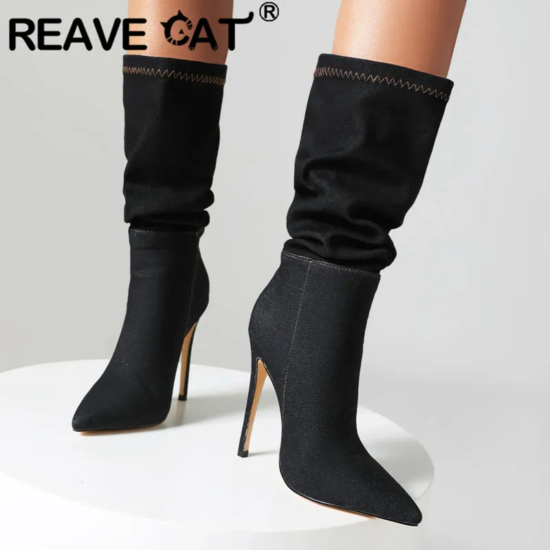 Cat Boots Womens Pointed Toe Denim Booties: Stylish Mid Calf