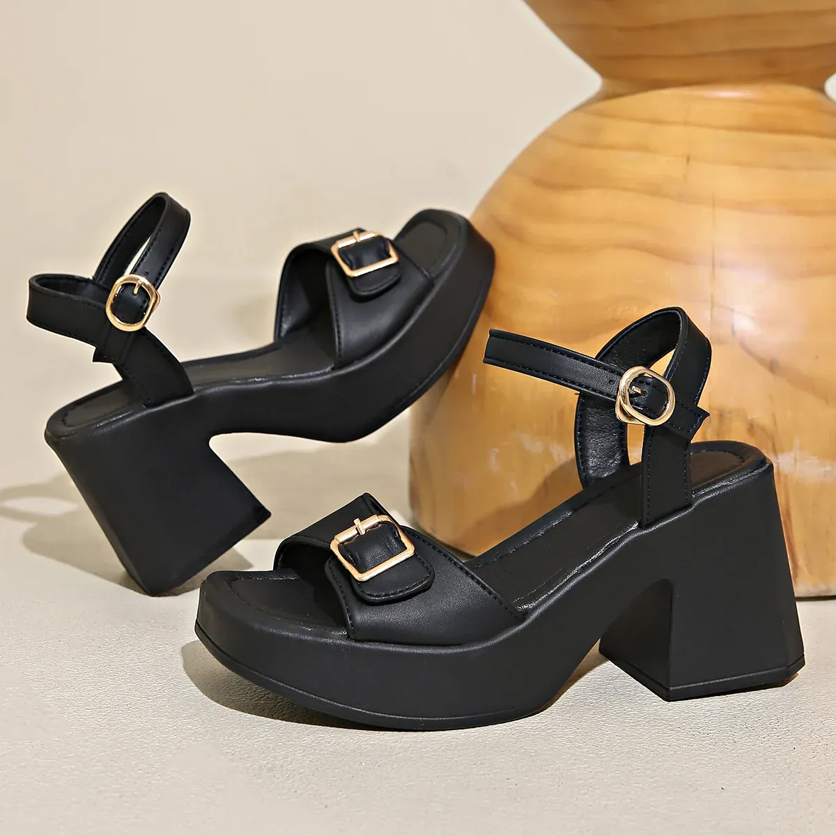 Womens Platform Sandals with Square Toe, Buckle Detail