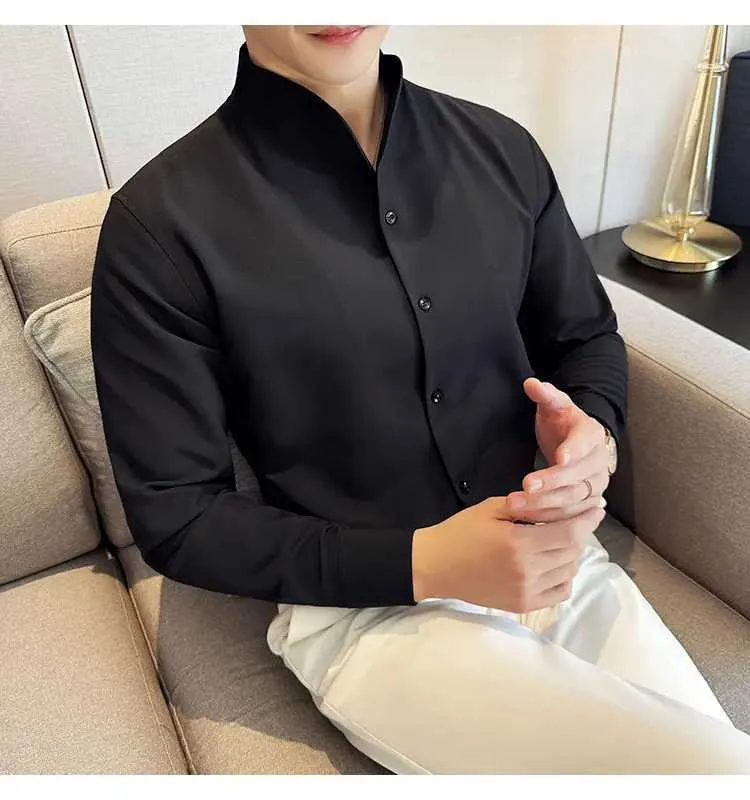 Black Long Sleeve Collarless Shirt Mens Collarless V Neck Long Sleeve Dress  Shirt From