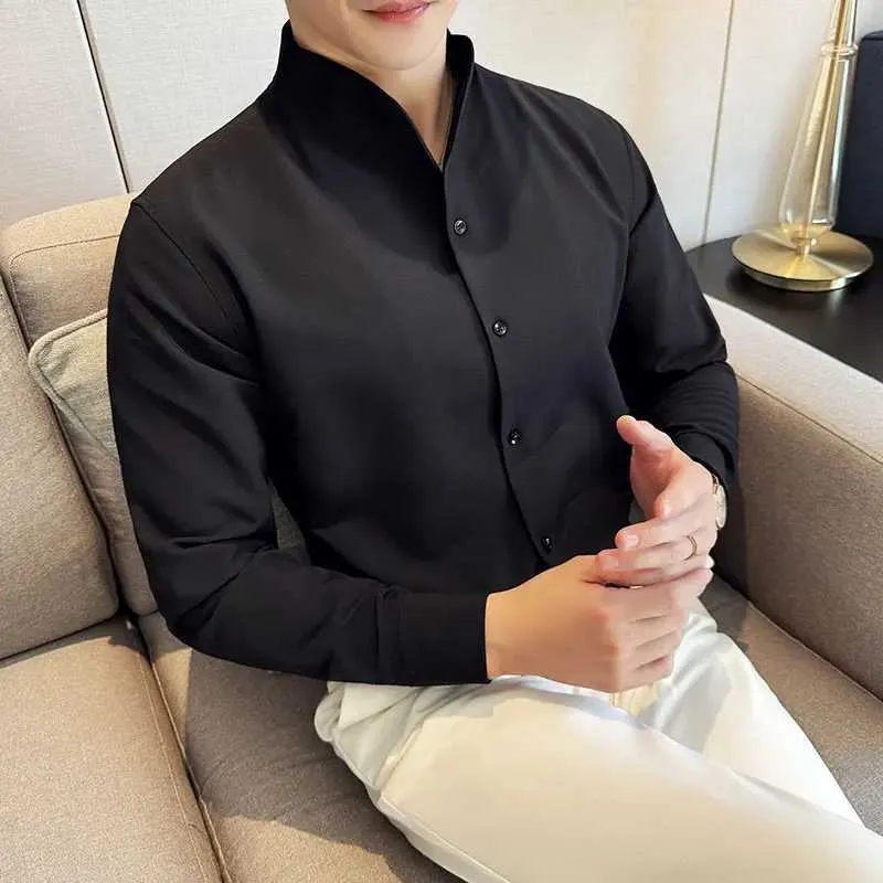 black no collar dress shirt Perry Ellis Men's Untucked Total Stretch Slim Fit Banded Collar Shirt