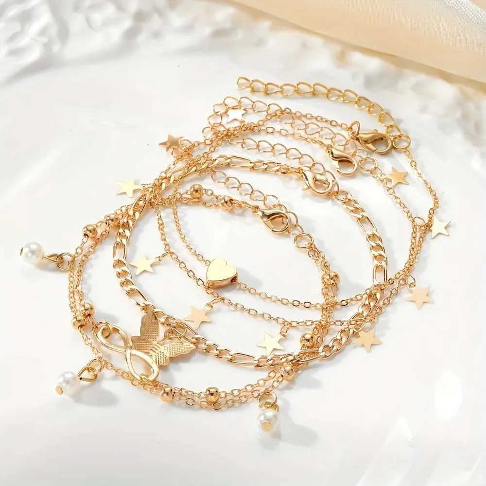 18K Gold Plated Heart Ball Link Chain Anklet Bracelet - Adjustable Stainless Steel Lobster Clasp