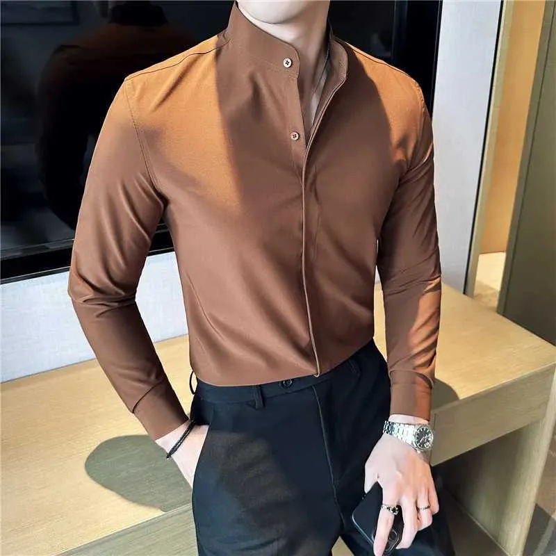 Korean Fashion Men's Slim Fit Slim Fit White shirt - Long Sleeved, Solid Color, Standing Collar, Autumn Collection (Z240914)