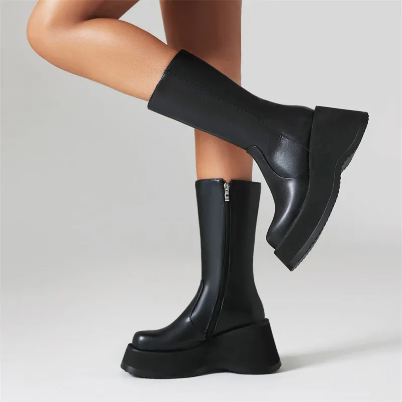 Platform Wedge Heel Mid-Calf Boots: Sexy Black Combat Style, Shop