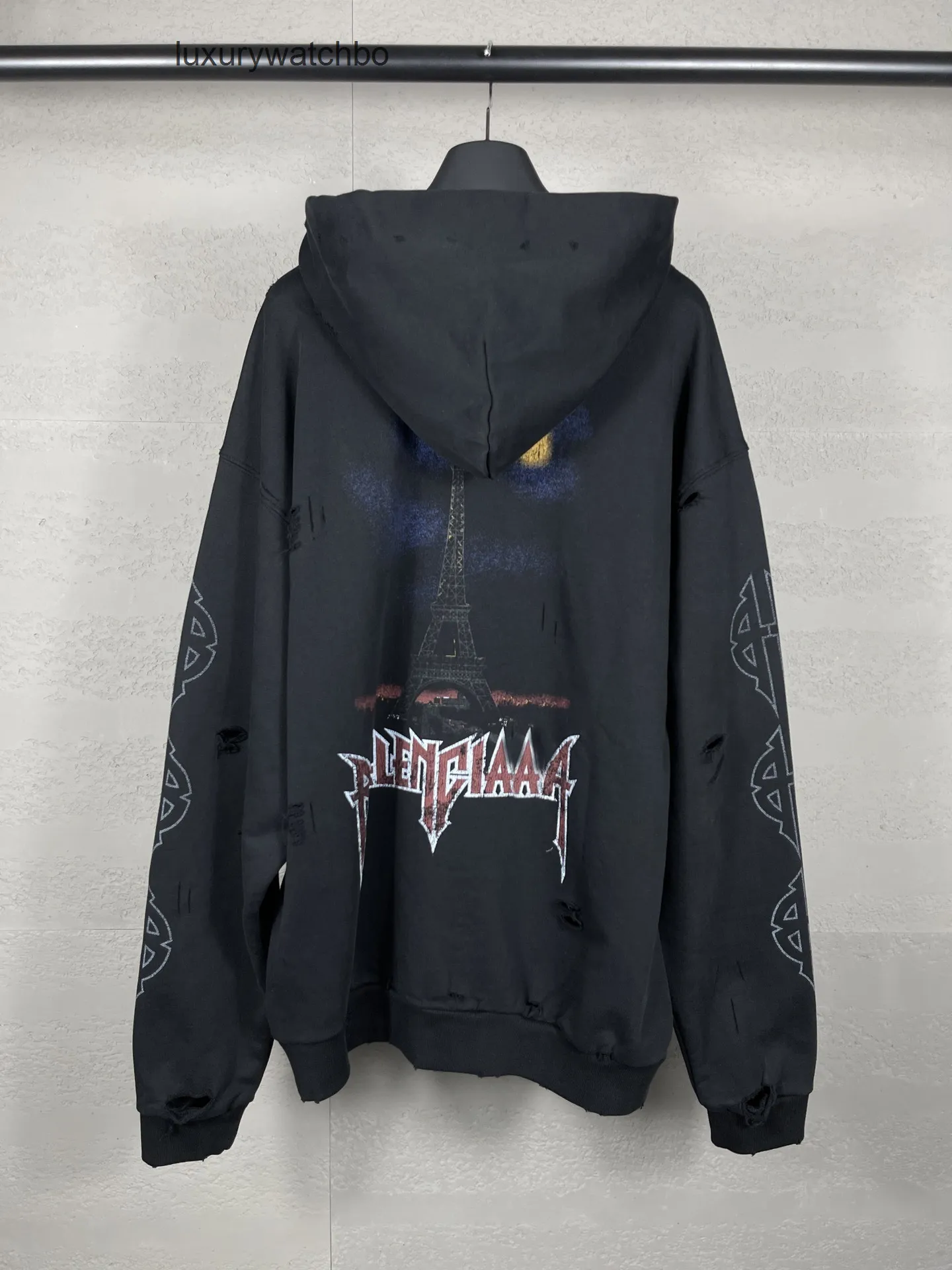 Washed Denim Eiffel Tower Zipper Hoodie Men's Casual Sweatshirt