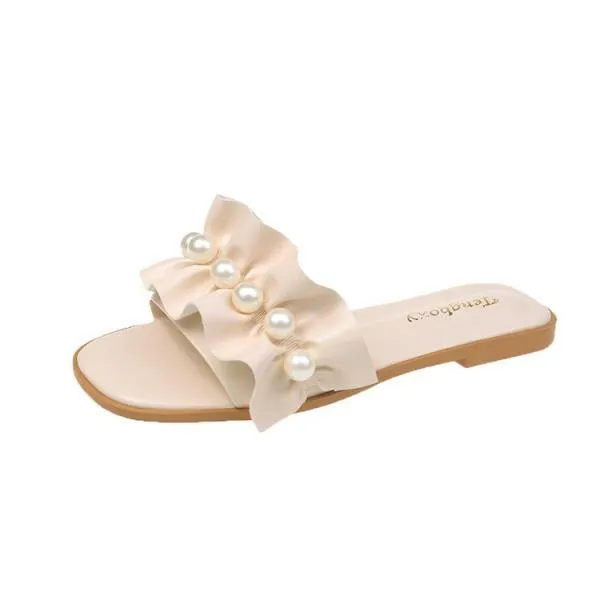 Womens Summer Beach Slides With Fringe Bead Detail Comfortable