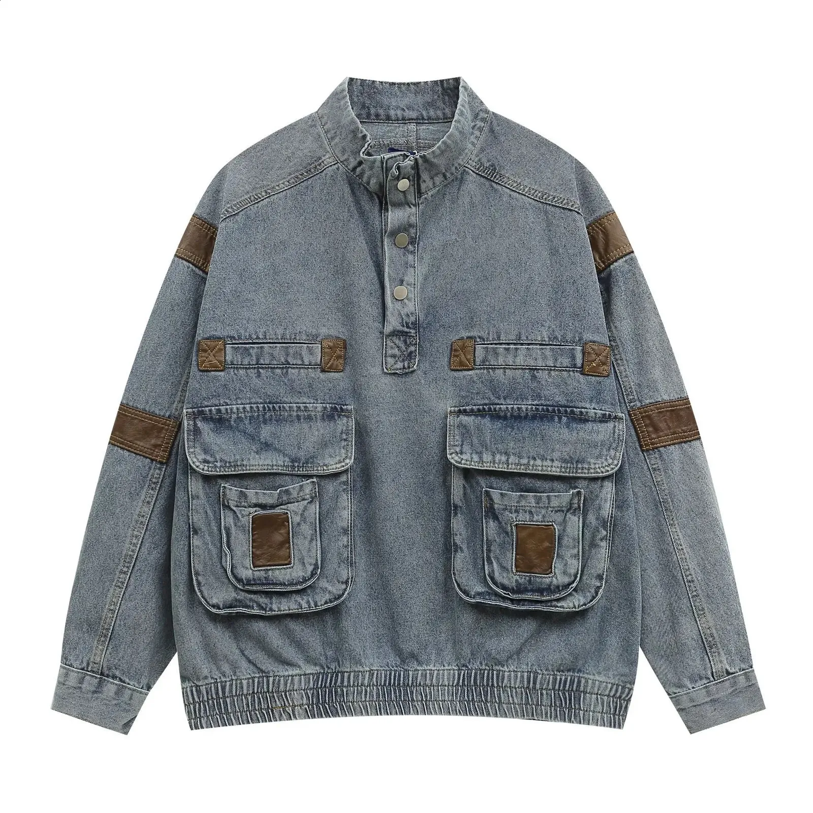 Mens Washed Denim Cargo Jacket Oversized Retro Hip Hop Loose Fit