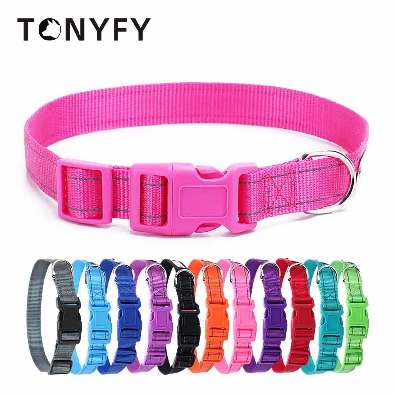 Reflective Nylon Dog Collar With Custom Name Plate - Personalized, Adjustable For XS To L Dogs