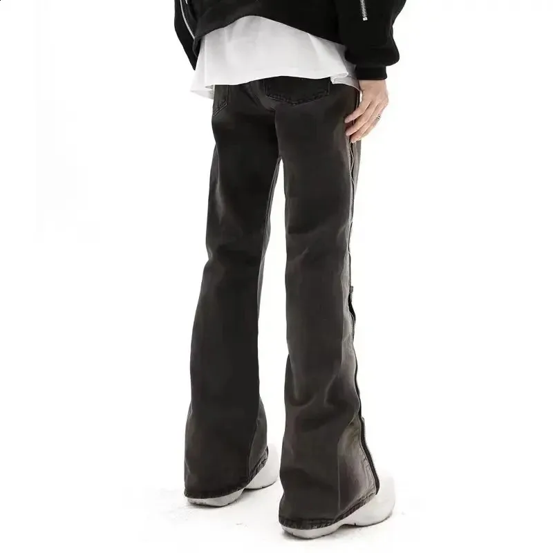andwang Washed flare denim pants 黒　S 1 Mens Washed Black Denim Flare Jeans with Split Zipper
