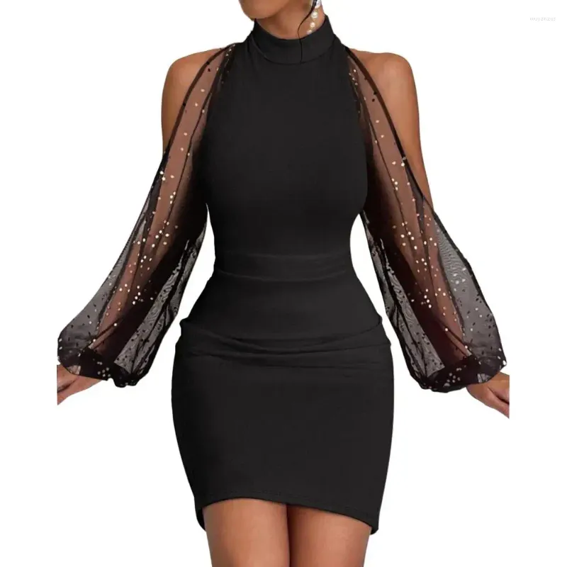 Womens Off-Shoulder Mesh Patchwork Mini Dress - Long Lantern
