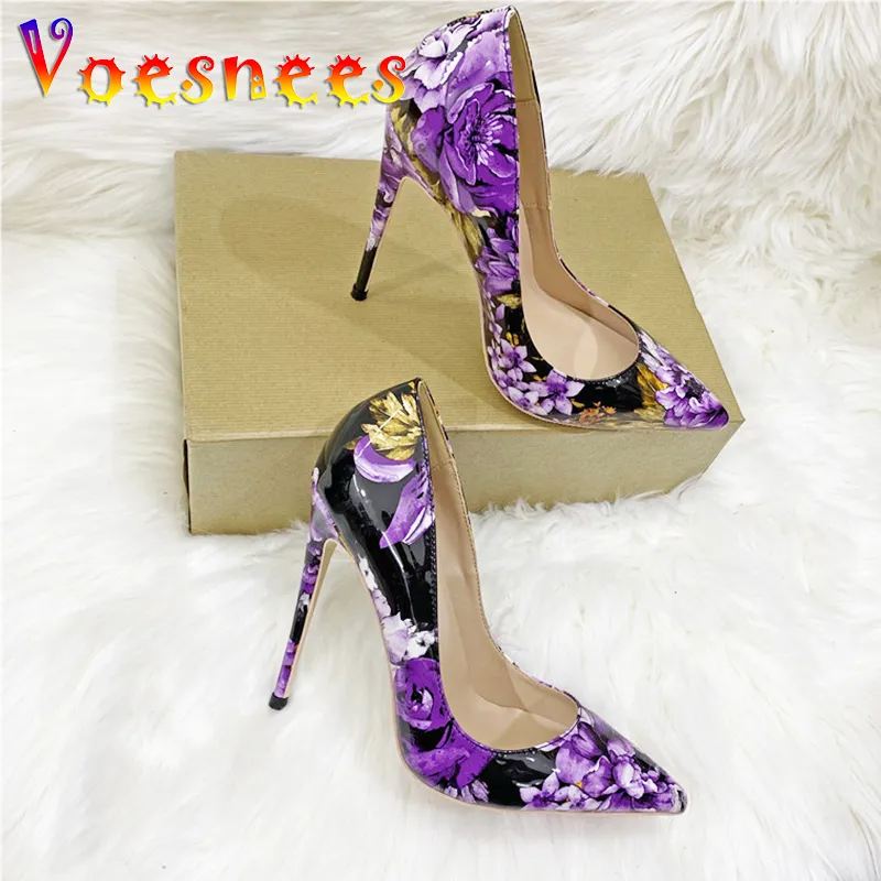 Floral Print Stilettos: Purple Pumps, Pointed Toe High Heels, Plus