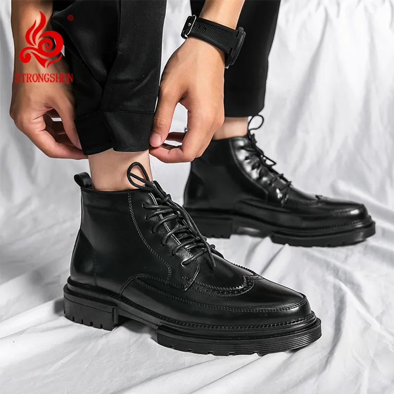 Mens Leather Brogue Boots Lace-Up Ankle Boots for Business