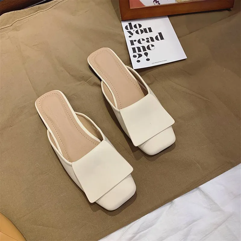 Women's Slippers Slippers Femme 2021 Square Toe Leather Mules