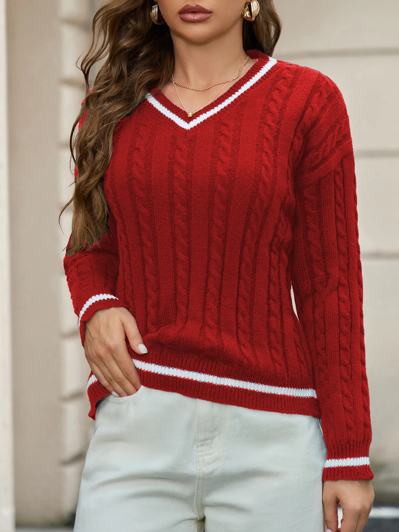 Womens Sweaters V Neck Pullover Long Sleeve Sweater Fashion Fried