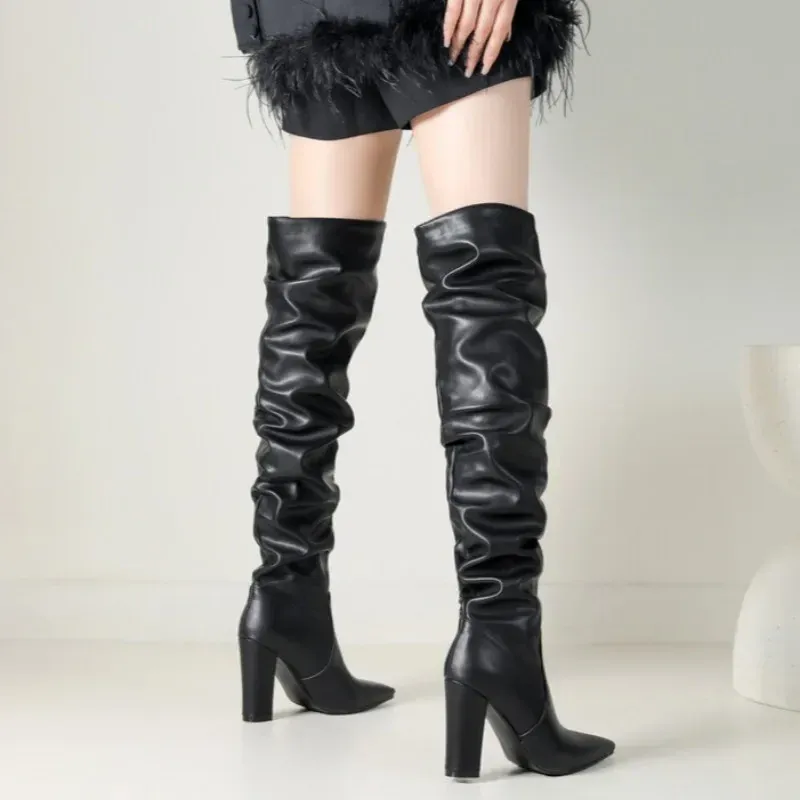 Elegant Pleated Over-the-Knee Boots: Brown Heeled Boots Knee High