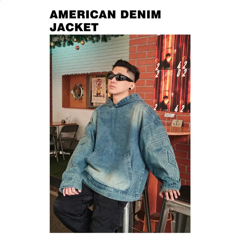 Embroidered Denim Jacket With Hoodie Mens Oversized Streetwear
