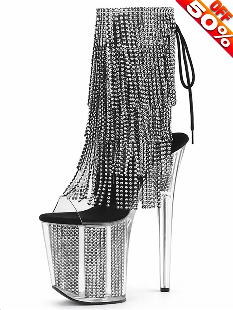 Exotic Dancer Shoes Rhinestone Fringe Ankle Platform Boots: Peep