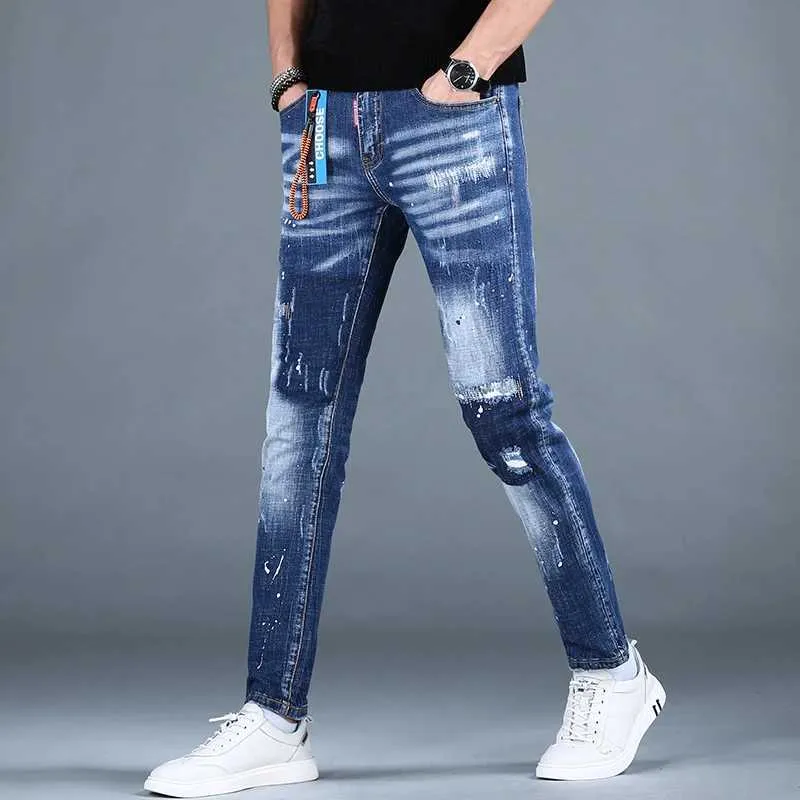 Mens Slim Fit Ripped Jeans, Printed Trouser Pants Stylish Blue