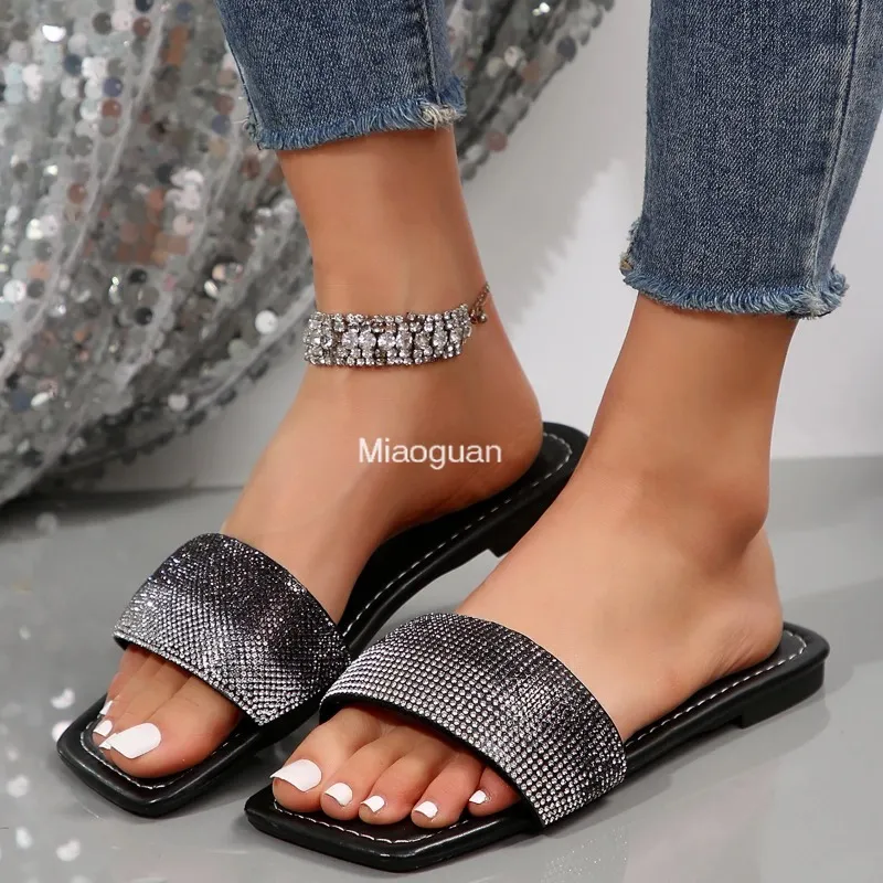 Womens Rhinestone Flat Slippers: Summer Luxury Design, Casual