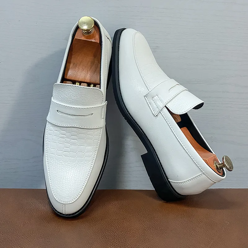 Save Big on Bulk Mens White Leather Dress Shoes Mens White Leather Loafers  For Men Stylish Patchwork Dress Shoes, Breathable Leather, Spring Autumn