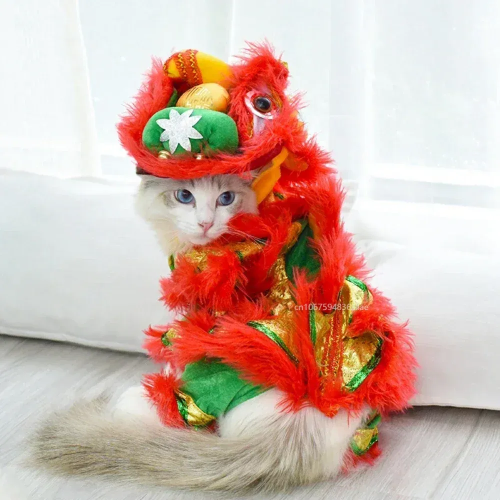 Festive Pet Dragon Dance Lion Dog Outfit: Red Lucky Cat Chinese