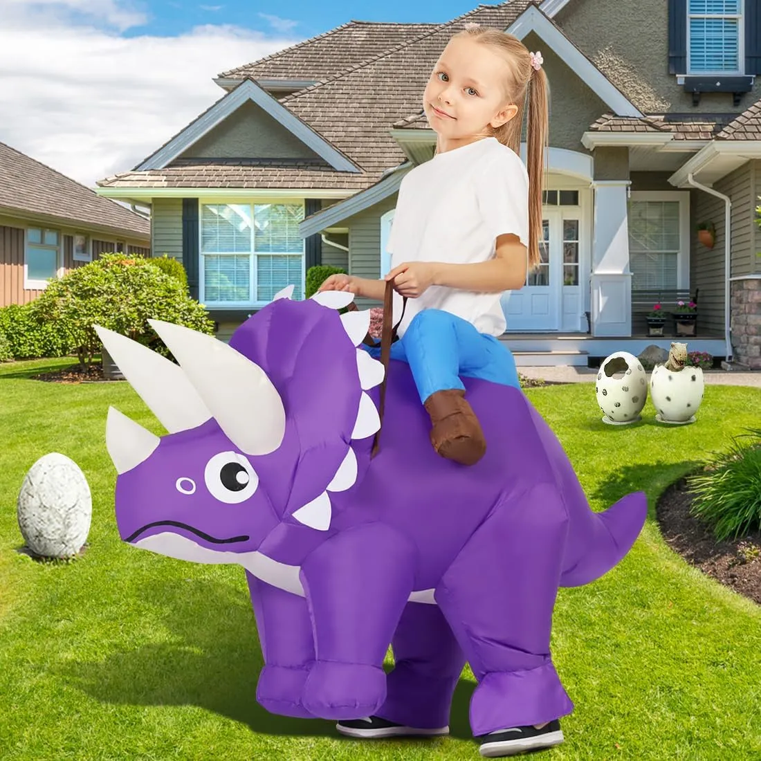 COMIN Inflatable Dinosaur Costume For Kids - Blow Up T-Rex Air Costume For Halloween & Parties (Green)
