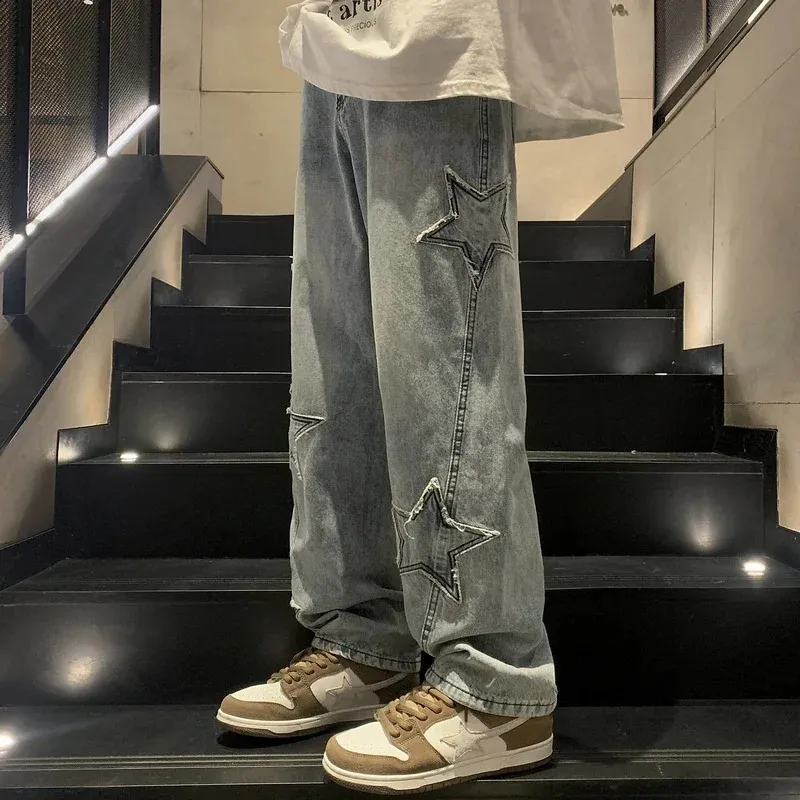 240911 Mens Star Embroidery Wide Denim Jeans Casual... From Kong04 