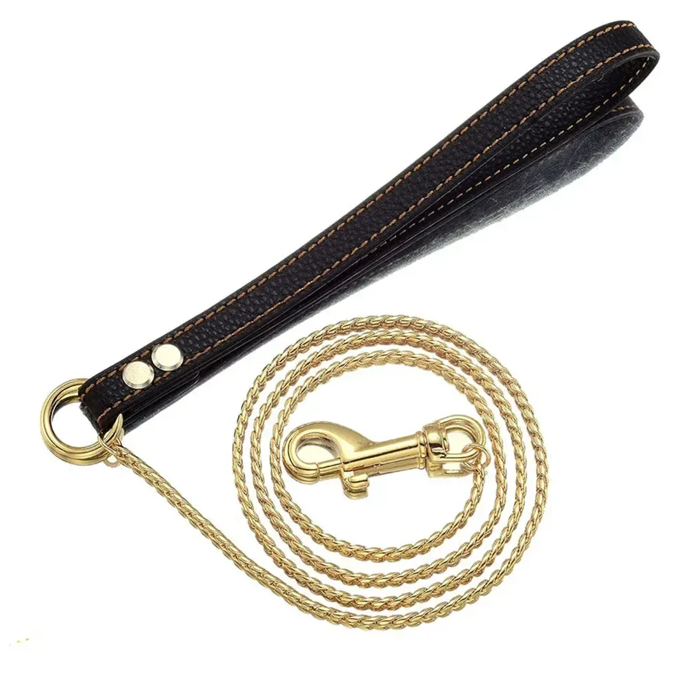 Gold Snake Chain Dog Leash: 4MM Chewy Dog Chain with Soft Padded Leather  Handle for Small to Medium Dogs