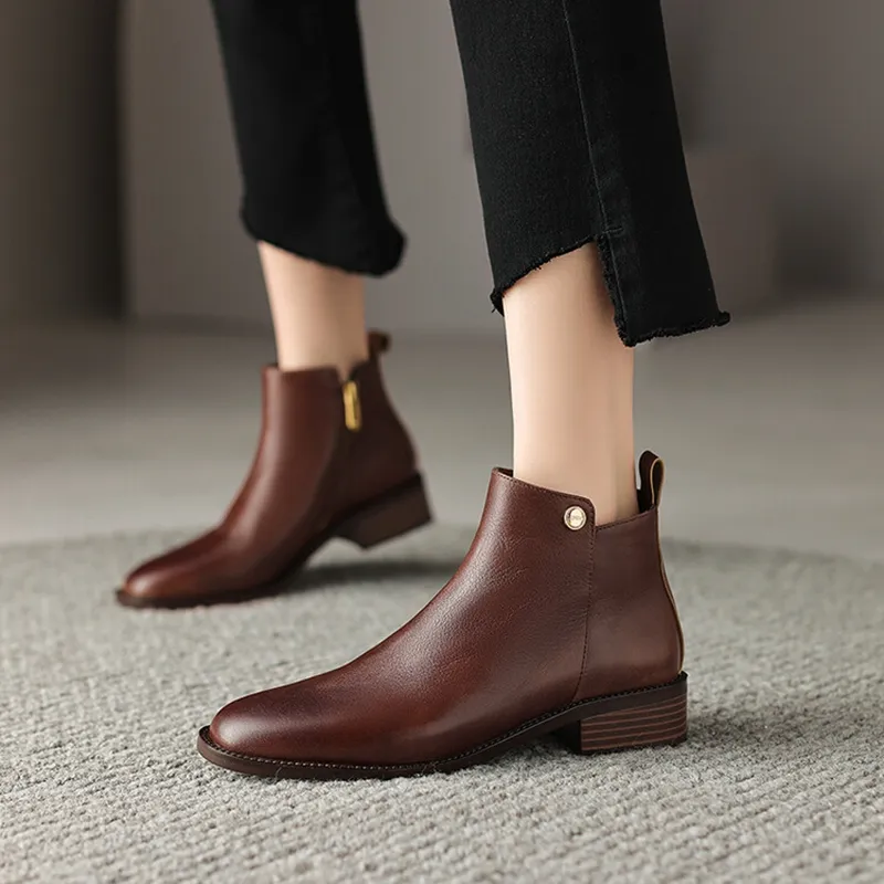Autumn Boots: Womens Round Toe Low Heel Genuine Leather Ankle
