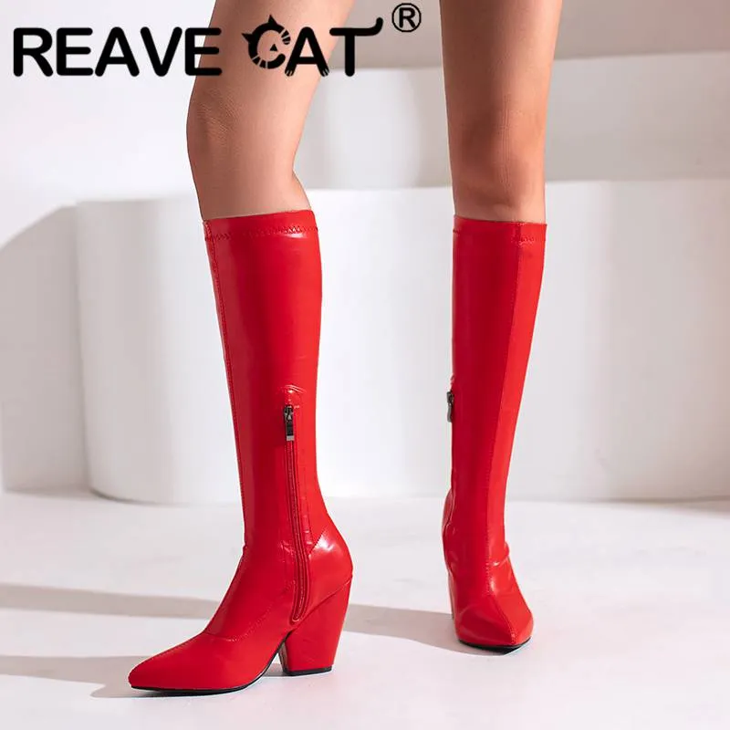 REAVE CAT Knee High Pointed Toe Block Heels Boots for Women 2024 Fall Winter Sexy Black PU Leather Zipper Plus Size 43 48