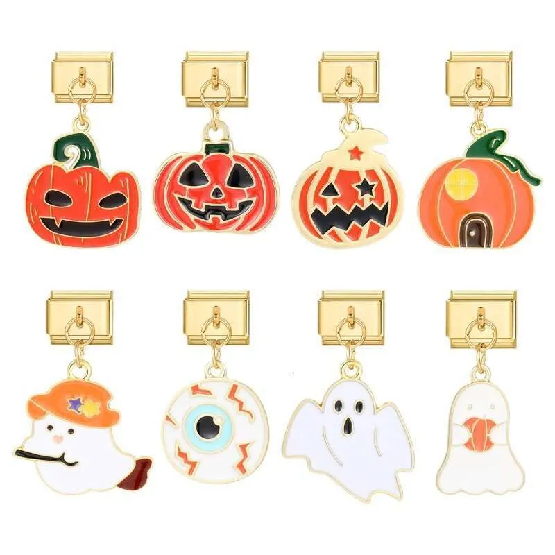 Novo pingente de abóbora dourado para o Halloween, com berloques italianos, para pulseira de aço inoxidável de 9 mm._voghion.com
