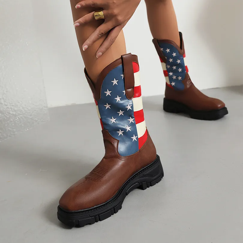 Womens Plus Size Square Toe Colorblock Mid-Calf Boots with Mesh