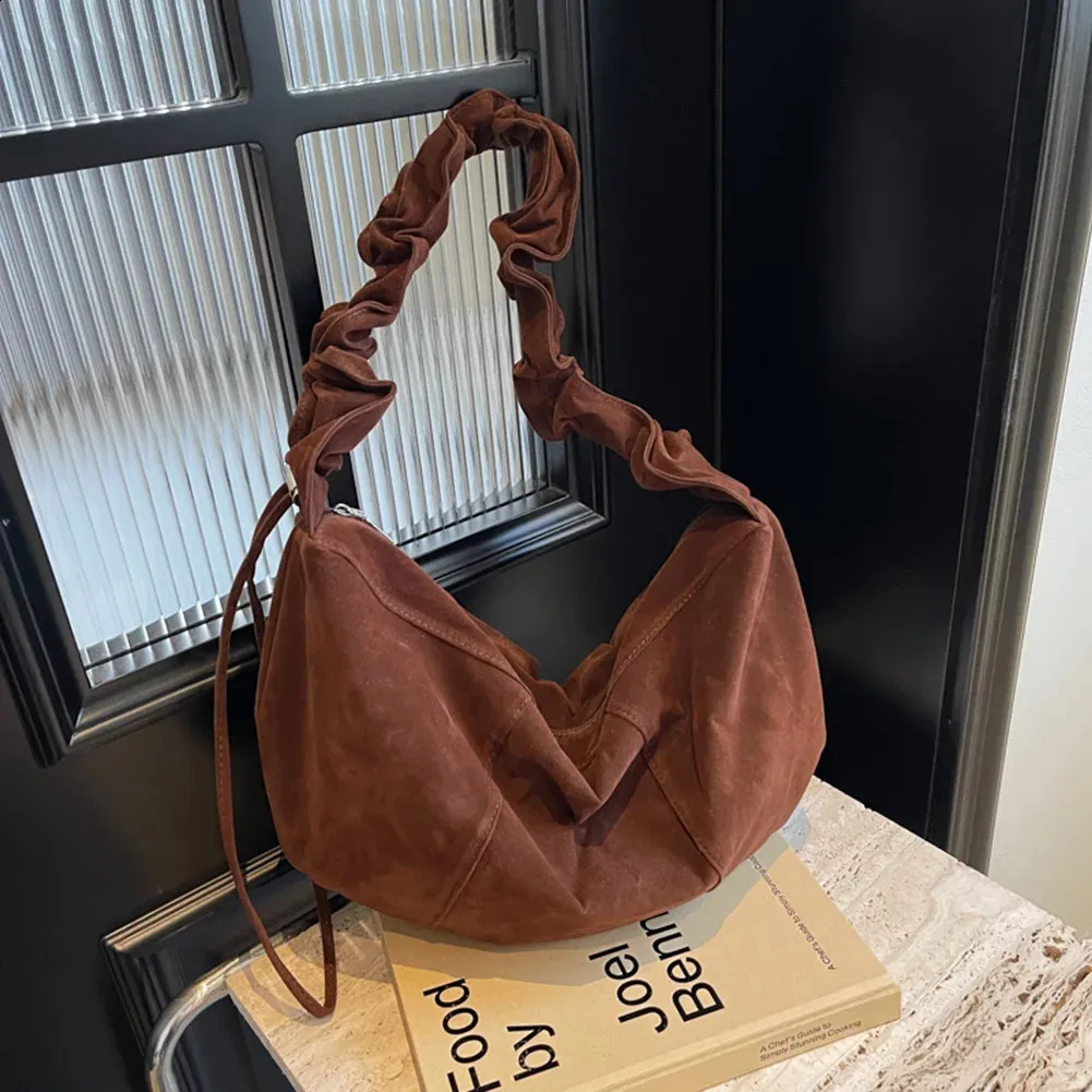 Women's Suede Hobo Shoulder Bag - Retro Tote Crossbody Bag For Travel & Work, Adjustable Strap, 10.2x6.3x2.7 Inches