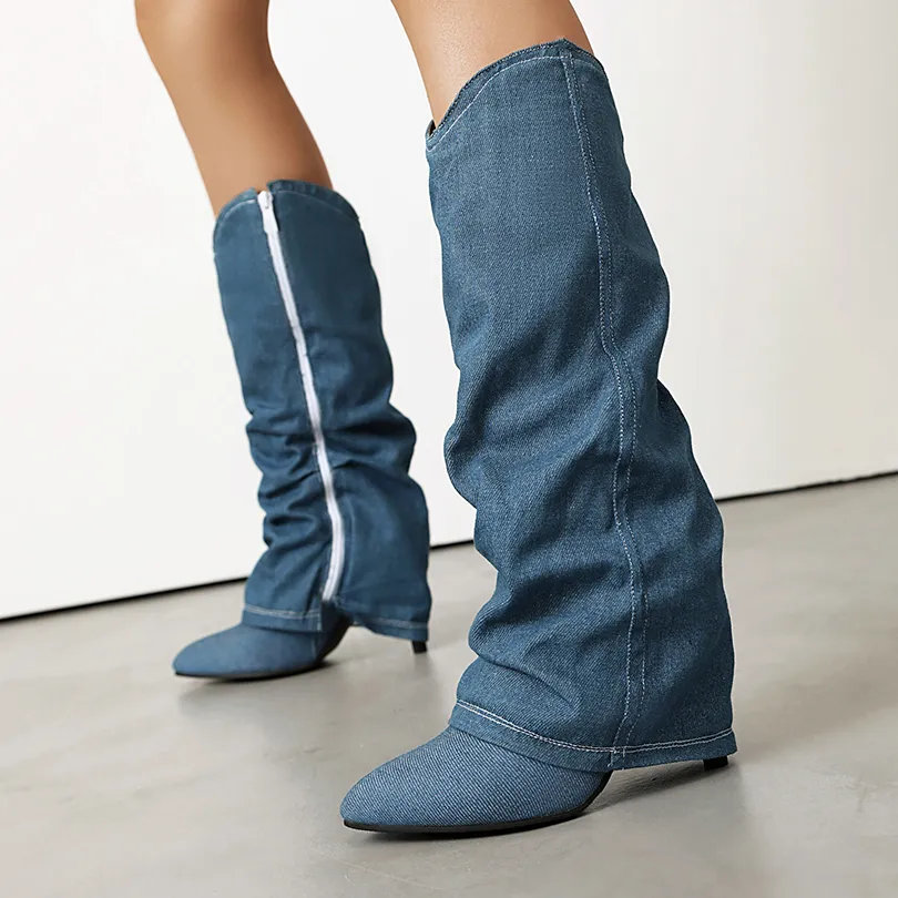 Womens Plus Size Denim Side Zipper Knee High Boots with Pointed