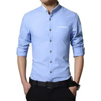 ZEROYAA Men's Banded Collar Slim Fit Dress Shirt - Long Sleeve Button Down, Lake Blue, XX-Large