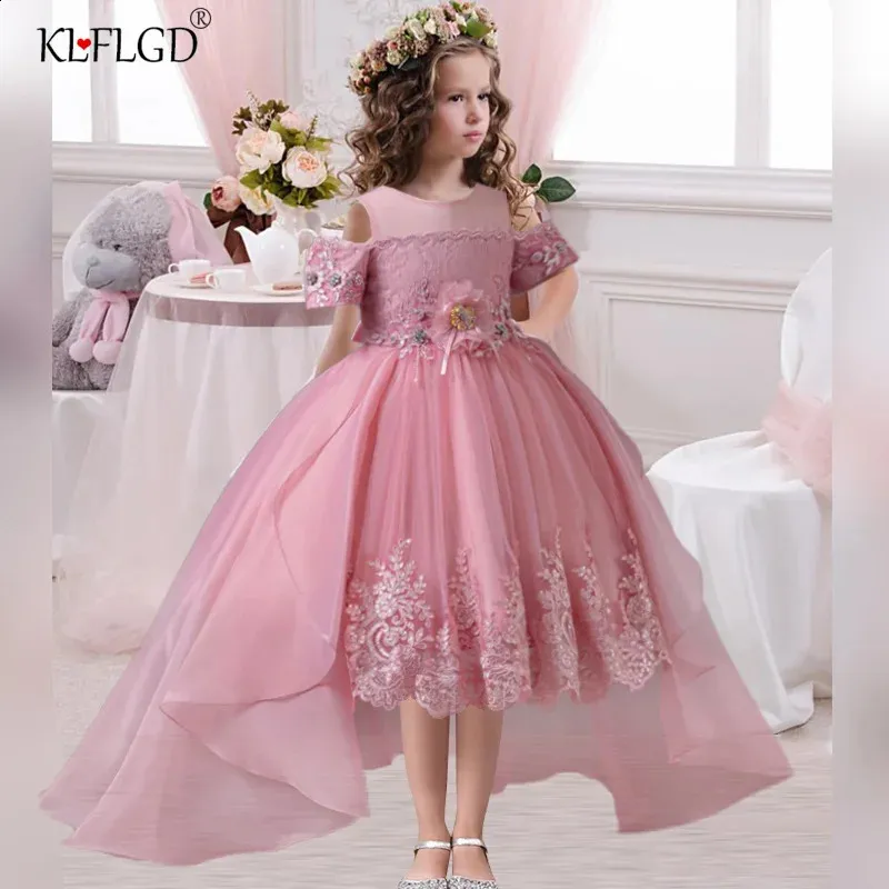 Embroidered Tailcoat Pink Tea Party Dress For Flower Girls